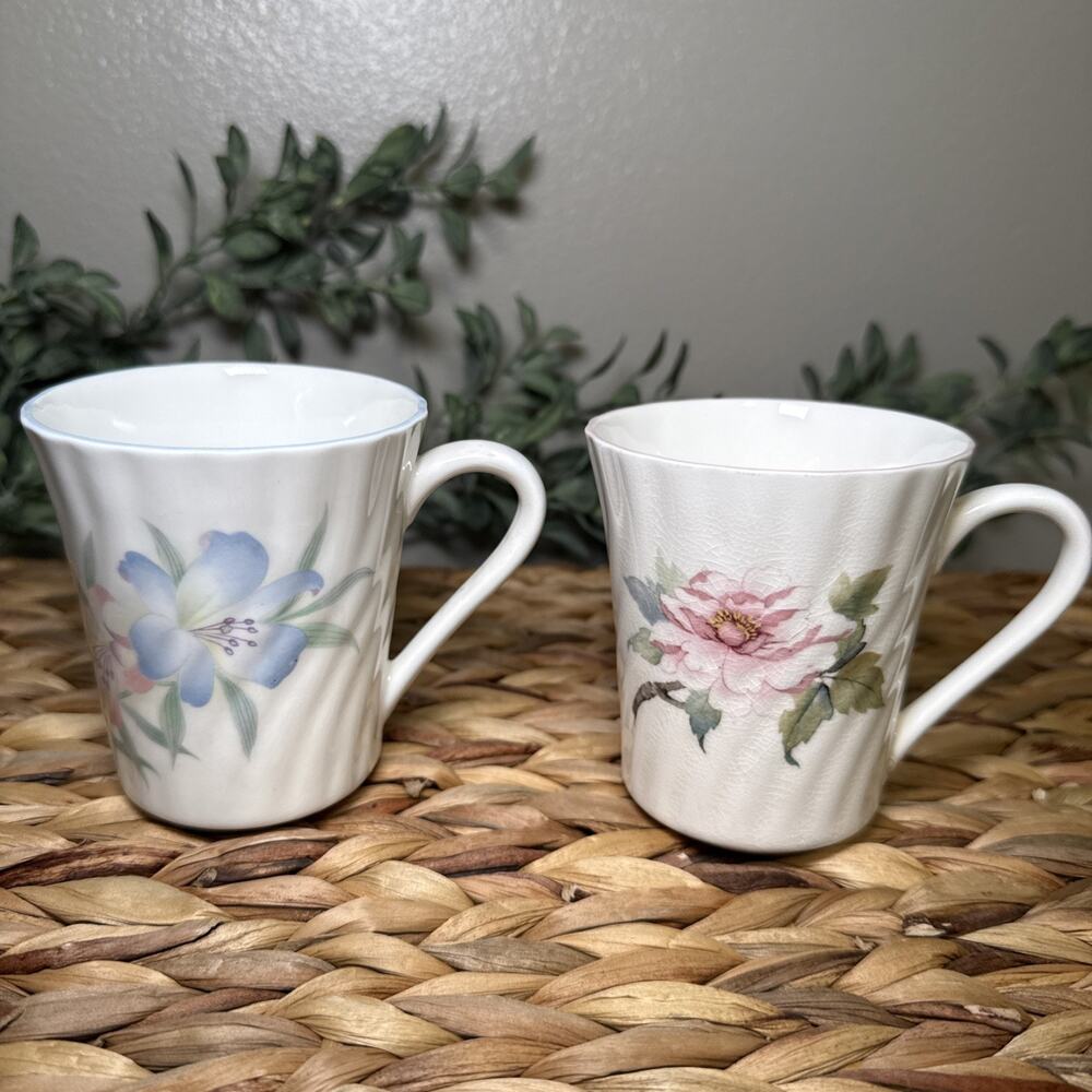 Pair Birks Fine Bone China England Floral Coffee Tea Mugs Pink Blue Flowers Vtg
